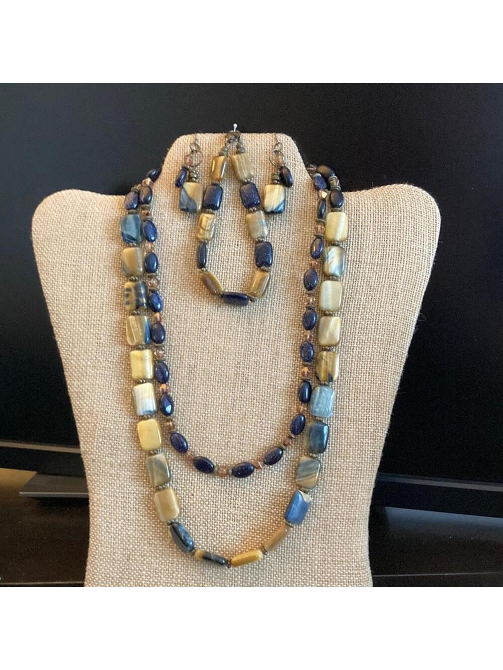 Gold & Blue Tiger’s Eye 2-strand necklace set with Blue Goldstone